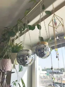 Maceta colgante de bola de disco con cadena macetero de vidrio espejo para decoración de hogar