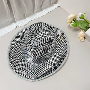 Disco mirror cowboy hat detail showing sparkling silver mosaic tiles for party stage wear.