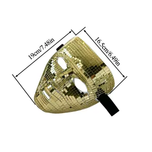 Gold disco mirror mask detail view showing product dimensions, perfect for party decoration.