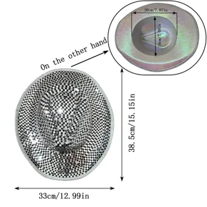 Disco cowboy hat sparkling mirrored sequin party hat with size dimension details for events.