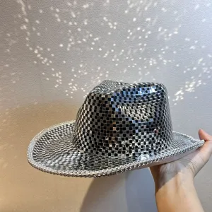 Silver disco cowboy hat detail, laser reflective mirror sequins for party dancing.