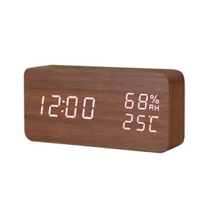 LED wooden digital alarm clock with temperature and humidity display, elegant dark brown wood finish.