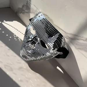 Disco mirror mask detail, full face mosaic reflective party prop with elastic strap