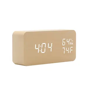 Wooden LED digital alarm clock with temperature and humidity display for home decor