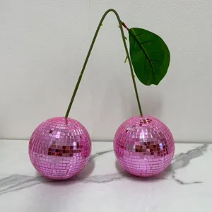 Pink disco ball cherry decor desktop ornament creative glass mirror fruit sculpture for home