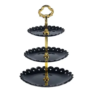 European 3-tier plastic fruit plate cake stand in black and gold for party decoration