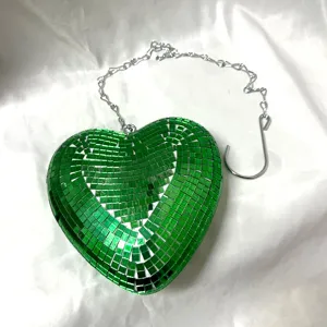 Green heart disco ball with chain, reflective mirror party hanging decoration for club.