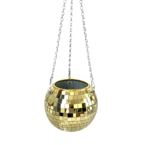 Gold disco ball hanging planter detail, creative mirror flower pot with metal chains for plants.