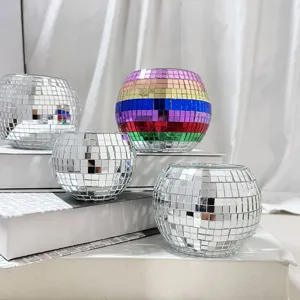 Disco ball mosaic glass candle holder home decor table ornament for holiday gifts and parties.