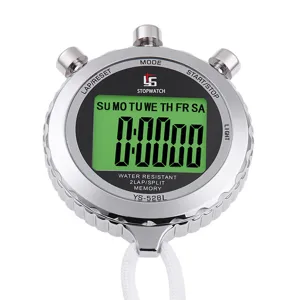 Chronomètre numérique électronique argenté avec écran LCD vert pour le sport et l'entraînement.