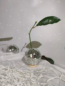 Disco ball glass vase detail showing reflective mirrored surface and unique creative plant decor.