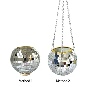 Mirror disco ball planter detail showing hanging chain and desktop wooden base setup methods.