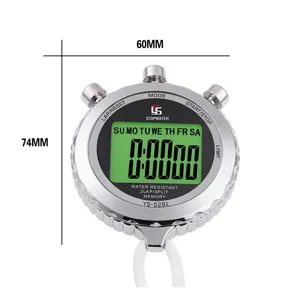 Chronomètre numérique avec écran LCD vert, boîtier métallique argenté et lanière pour le sport