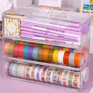 Boîte de rangement de bureau en acrylique transparent à 3 couches pour stylos et papeterie de ruban washi.