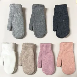 Hiver Chaud Épais Double Couche Tricoté Mitaines Couleur Unie Gants Thermiques Temps Froid