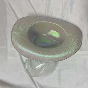 Holographic disco cowboy hat detail, shimmering iridescent finish with rhinestone brim edge.