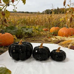 Black mosaic pumpkin disco ball set, mirror glass Halloween party decor photography prop.