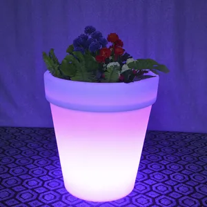 Vue detaillee du pot de fleur solaire LED illumine avec lumiere brillante pour jardin.