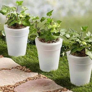 Lampes de pot de fleur solaires blanches avec lierre vert pour decoration de jardin.