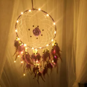 Creative purple rose dream catcher LED feather wall hanging home wedding festival decor