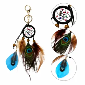 Llavero Atrapasueños de Pluma de Pavo Real Natural Colgante para Llaves de Coche