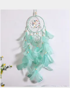 Mint green feather dreamcatcher wall hanging detail, boho room decor pendant for kids gift.