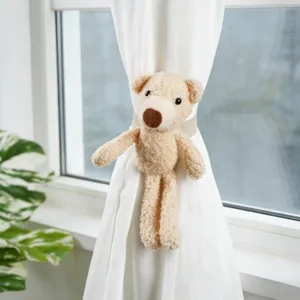 Cute plush bear curtain tieback for kids room decor, soft khaki stuffed animal window strap