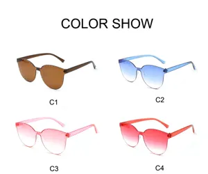Detail view of trendy gradient candy-colored frameless sunglasses, jelly transparent ocean lens.