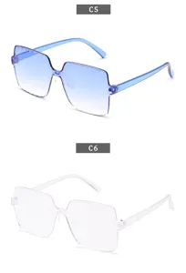 Lunettes de soleil sans monture pour enfants, dégradé bleu et versions transparentes mode.