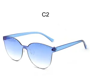 Blue gradient frameless sunglasses with scalloped edge design, one-piece candy color trendy eyewear.