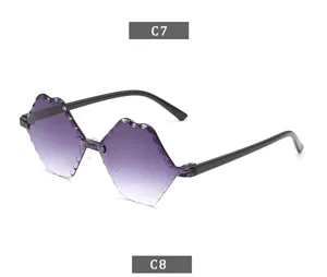 Close-up detail of children rimless polygonal gradient sunglasses with stylish wavy edge design.