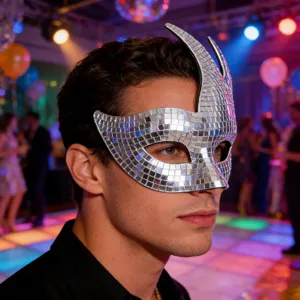 Silver disco ball mosaic masquerade mask for party night, stylish costume accessory detail view.