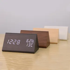 Wooden triangular LED digital alarm clock desk electronic thermometer clock with multi-color options.
