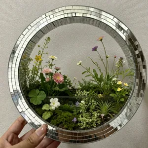 Nordic Style Round Glass Wall Hanging Vase Mosaic Mirror Decorative Planter For Living Room Home