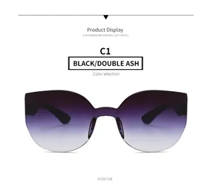 Detaillierte Nahaufnahme randloser Sonnenbrille mit Farbverlauf und violetten Gläsern.