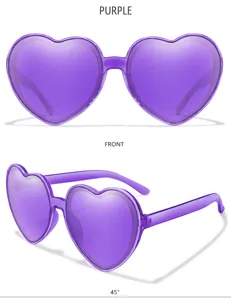 Lila Herz Sonnenbrille Detailansicht zeigt Front- und Winkelperspektive mit transparentem Rahmen.