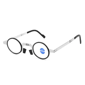 Klappbare Blaulichtfilter Lesebrille für Damen und Herren, runder Metallrahmen.