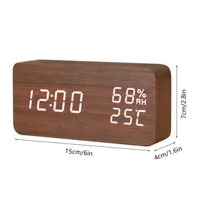 Wooden LED digital alarm clock with temperature and humidity display, compact table clock.