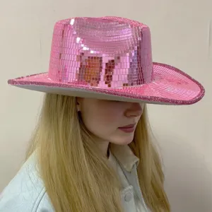 Pink Disco Cowboy Hat Shiny Mirror Sequins Festival Party Hat Stylish Sun Hat for Women