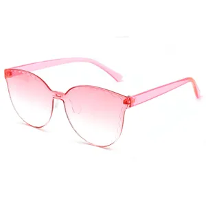 Pink gradient rimless sunglasses for women, trendy jelly transparent one-piece eyewear.