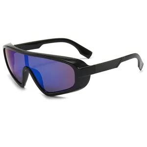 Lunettes de soleil oversize futuristes pour femmes, verres bleus réfléchissants, monture noire.