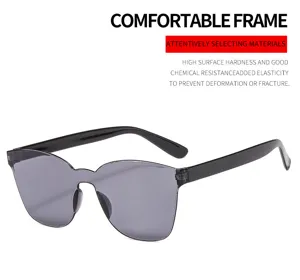 Adult rimless shield sunglasses, dark lenses, black frame, durable comfortable design.