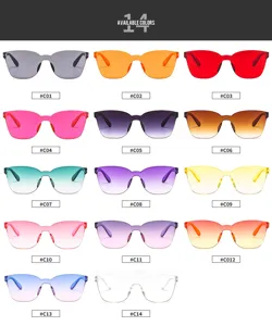 Details of the fourteen available color options for stylish frameless one-piece sunglasses.