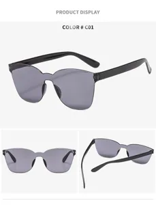 Fashion one-piece rimless sunglasses with grey lens and black temple for adults UV protection.
