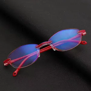 Lightweight anti-blue light diamond-cut rimless reading glasses for women, red frame.