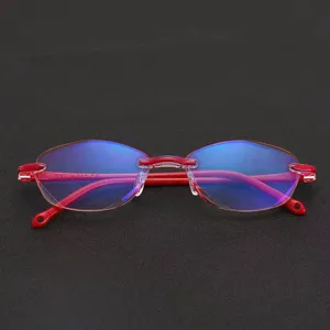 Lightweight rimless reading glasses with anti-blue light diamond-cut lenses for women.