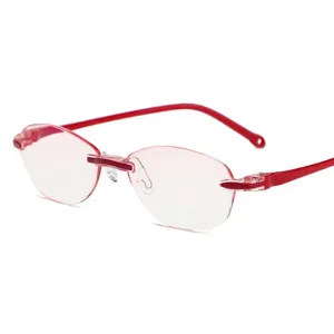 Women Anti-Blue Light Rimless Reading Glasses Diamond Cut Lightweight Red Eyewear Main