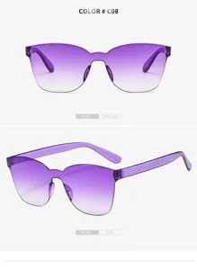 Detail view of purple gradient rimless sunglasses, showing side temple and frame close-up.