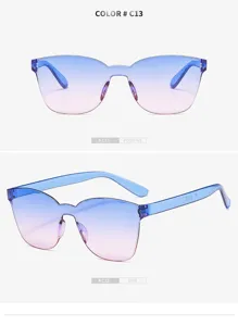 Gradient shield sunglasses detail view showing side and front angles with blue pink lenses