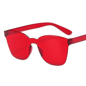 Adult one-piece frameless sunglasses with red transparent lenses for outdoor sun protection.